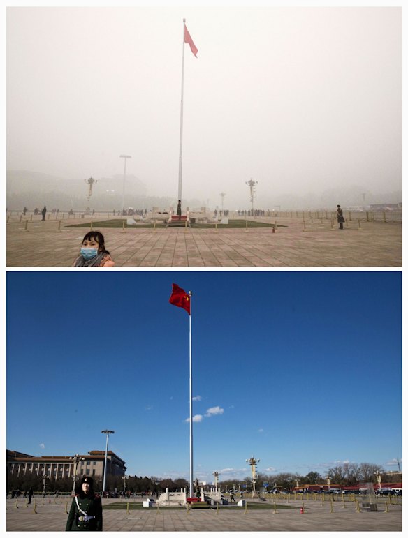 Tiananmen Square is seen in heavy pollution, top, on December 1 and 24 hours later under a clear sky on December 2.