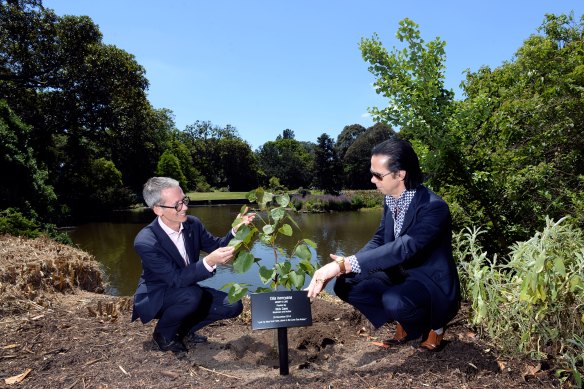 Tim Entwisle with Nick Cave planting a lime tree in 2014.