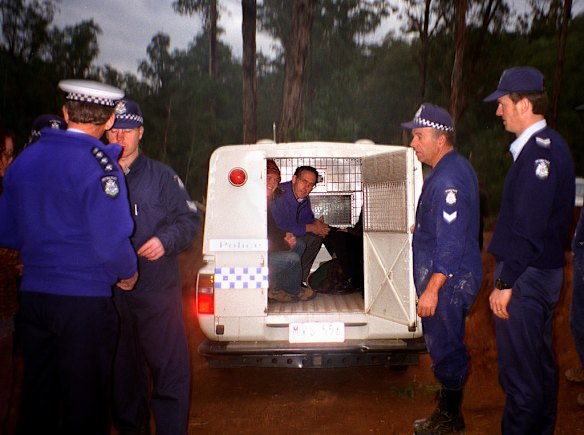 Bob Brown in police custody at    Goolengook forest, Victoria, July 1999.
