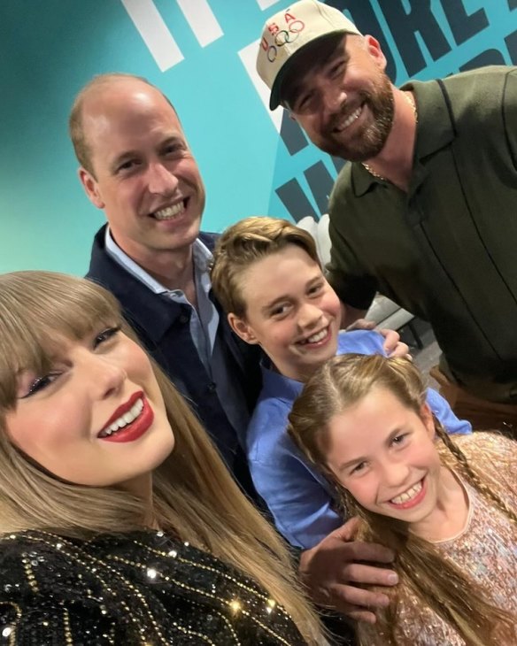 Taylor Swift and Travis Kelce with Prince William, Prince George and Princess Charlotte before the Eras Tour in London.