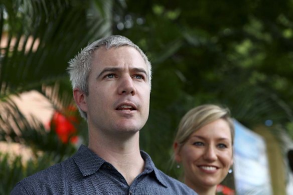 Greens candidate for Mt Coot-tha Adam Stone talks to the media with Larissa Waters at Milton State School. Photo: Michelle Smith