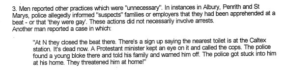 Extract from draft ACON report in 1993 titled “Beats, Police, Homophobia and HIV. Illuminating the ‘Shadowy World of Gay Beats’” that was tendered in the LGBTIQ hate crimes inquiry this week. 