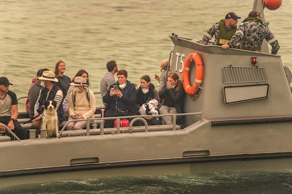 Mallacoota Evacuations of people stranded after the bushfires that ravaged the town on December 30 2019. Evacuated by army personnel to the HMAS Choules Friday 3rd January 2020.