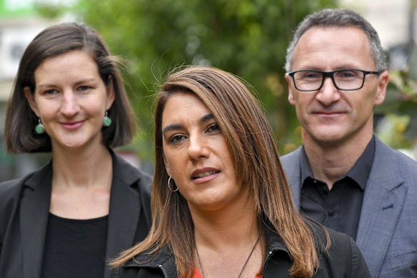 Leader of the Australian Greens Dr Richard Di Natale, Greens MP Ellen Sandell, and candidate for Northcote Lidia Thorpe media conference. 8th November, 2017.