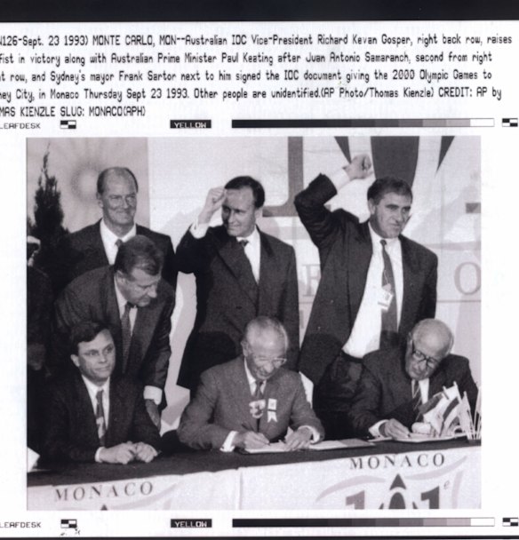 John Fahey, right back row, raises his fist in victory along with Australian Prime Minister Paul Keating after Juan Antonio Samaranch, second from right front row, signs the IOC document giving the 2000 Olympic Games to Sydney, in Monaco, Thursday September 23 1993.  Kevan Gosper is at left, back row.

AP

Originally filed: 26-9-1993

(Original caption incorrect)