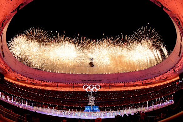 A fireworks display is seen inside the stadium during the Beijing 2022 Winter Olympics Closing Ceremony on Day 16 of the Beijing 2022 Winter Olympics at Beijing National Stadium in Beijing, China.  
