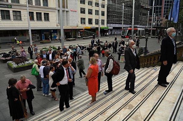 People arrive for the memorial of Jack Mundey AO in Sydney.