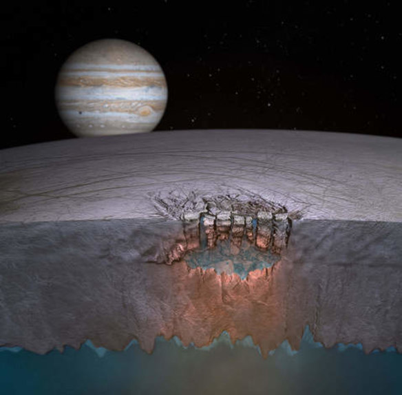 A NASA image of Jupiter's moon Europa, with the giant planet in the background.
