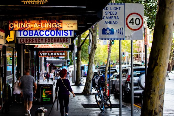 Shopfronts on the corner of Oxford Street and Crown Street in February 2021.