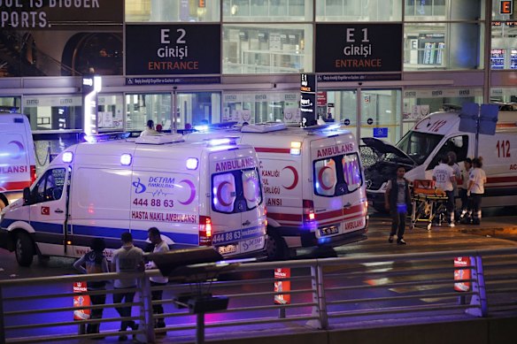 Turkish rescue services gather outside Istanbul's Ataturk airport. 
