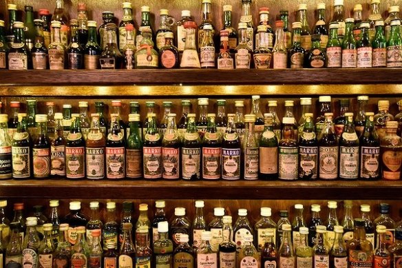 There's a wall of miniature bottles at Restaurant Hubert - and a huge amount of fun in store for patrons.