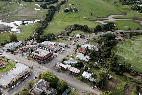 Aerial view of Dungog, where four homes once stood at the northern end of town.