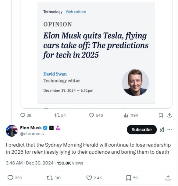 Elon Musk’s tweet predicting a difficult year for the Sydney Morning Herald.