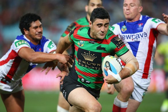 Eyes wide shut:  Bryson Goodwin of the Rabbitohs bursts downfield.