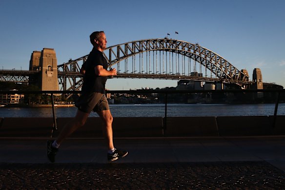 Opposition Leader Bill Shorten during a morning run past the Harbour Bridge in Sydney. Friday 13th May