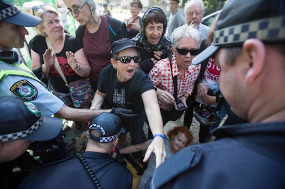 Protesters vent their anger about WestConnex during a stand off with police.