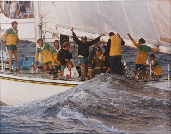 Alan Bond and crew celebrate winning the 1983 America's Cup on Australia II in 1983.