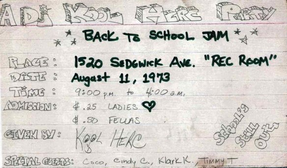 The original invitation for DJ Kool Herc’s “back to school jam” on August, 11, 1973.