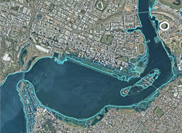 A map released by the WA's Department of Biodiversity, Conservation and Attractions shows the toll of climate change on riverside suburbs around Perth Waters.