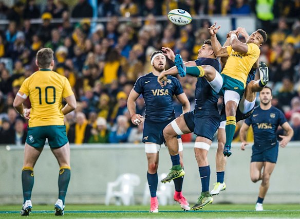 Wallabies scrumhalf Will Genia competes for a high ball during the Rugby Championship's fourth round clash between Australia and Argentina at Canberra Stadium. 