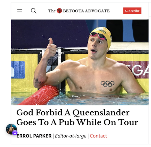 A satirical Betoota Advocate article which Isaac Cooper shared on Instagram.