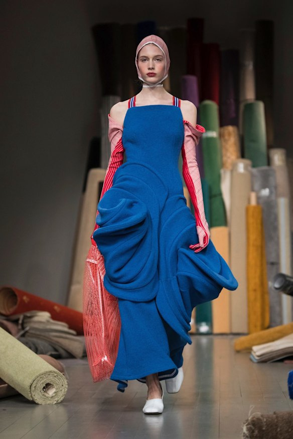 A model wears a creation by designer Richard Malone at the Autumn/Winter 2018 fashion week runway show in London.