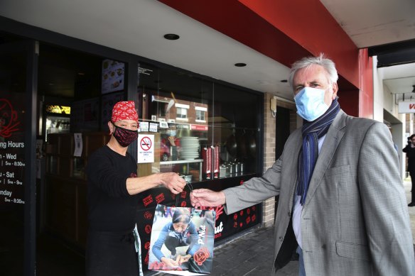 Writer and comedian John Doyle getting takeaway lunch at P’Nut Street Noodles in Darling St, Balmain. 