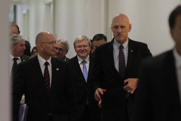 Kevin Rudd emerges from the leadership ballot.
