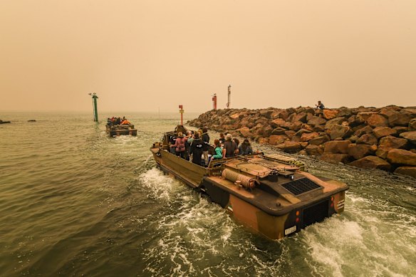 Mallacoota Evacuations of people stranded after the bushfires that ravaged the town on December 30 2019. Evacuated by army personnel to the HMAS Choules Friday 3rd January 2020.