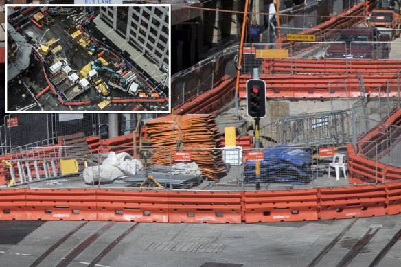 One year apart: The intersection of George and Bridge streets this week, and the same area in March, 2017 (inset).