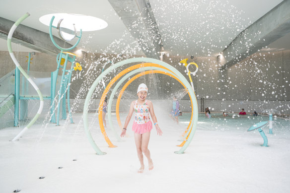 Sienna Yip, 9, trials the children’s splash play area at Parramatta Aquatic Centre.