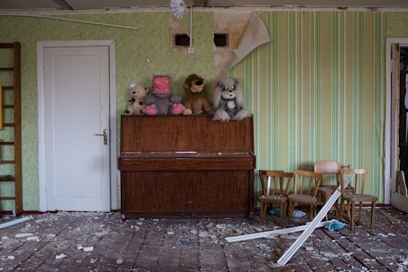 A view of the kindergarten room destroyed as a result of a rocket strike in Byshiv, Ukraine. The rocket hit the kindergarten on March 2nd and 3rd. The kindergarten used to accommodate 120 children from the area, they were evacuated long before the strikes.