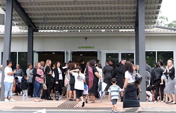 Mourners gather for the funeral service for Gold Coast woman Tara Brown who was allegedly bashed to death by her ex-partner Lionel Patea.