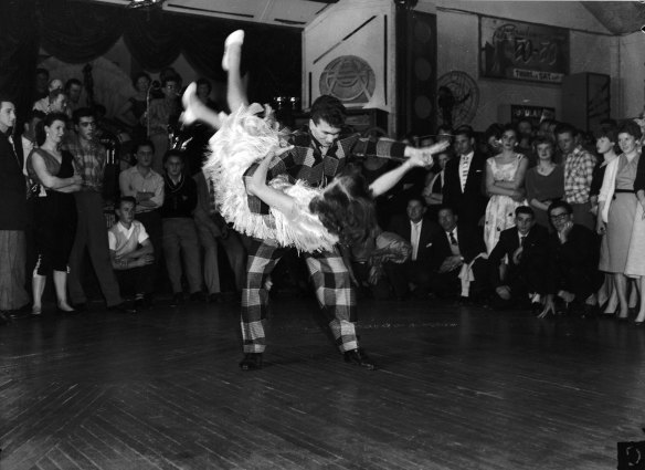 Exhibition of dancing rock and roll at the Rockdale Paradance Ballroom. Taken on 14 September 1956