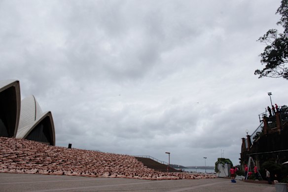 An installation artwork by Spencer Tunick on the steps  of the Sydney Opera House.
