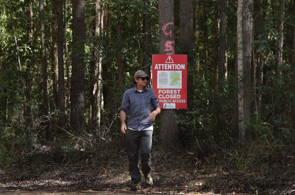 Mark Graham, an ecologist from Bellingen Nature Tours, near a sign stating the Lower Bucca State Forest is closed. Logging operations were still going in mid-September.