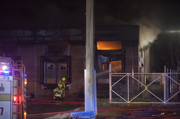 Firefighters at the scene of a fire inside a cold storage facility in Hume. 