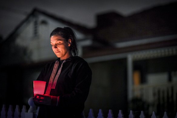 Sandra Deed in Clara Street, Macleod, Melbourne on Anzac Day.