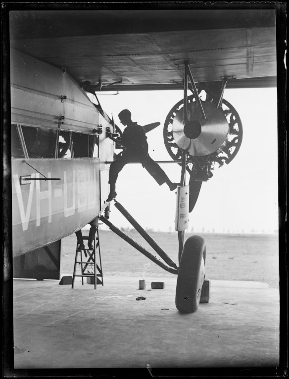 Technician working on the Southern Cross c. 1931. Image courtesy of the National Library of Australia
