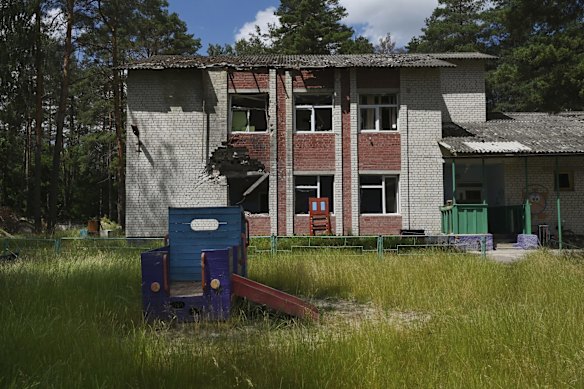 The school in Yahidne which was partially destroyed by shelling. Russian forces occupied the village and forcibly held 371 people in the basement of the school for 25 days. Ten people died due to the conditions in the basement.