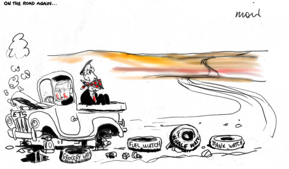 A 2009 Alan Moir cartoon lampoons Kevin Rudd’s Fuel Watch and Grocery Watch initiatives.