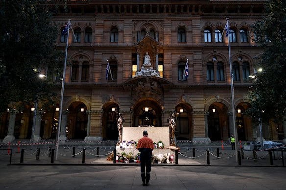 The Cenotaph in an empty Martin Place in Sydney on Anzac Day.