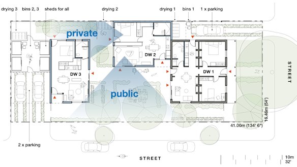 An illustration showing a cottage home’s conversion into three dwellings under the bluefield housing model.