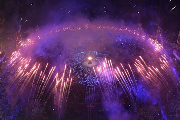 Fireworks light up the stadium during the opening ceremony.