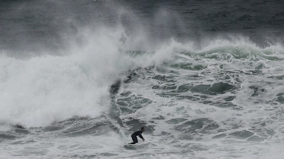 A surfer takes to the big swell at Bronte Beach.
