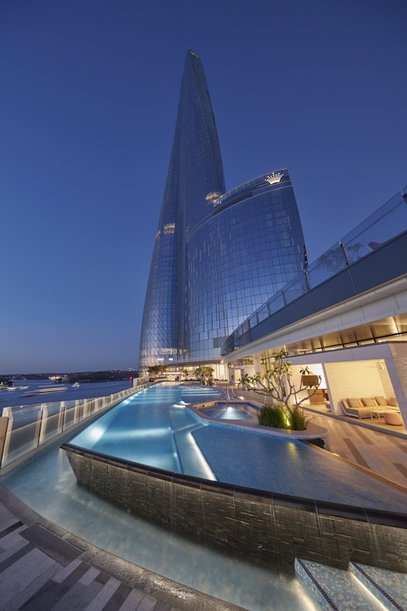 Crown Towers' pool. The hotel opened on December 28 but Crown Sydney's casino remains closed pending approval of its gambling licence.