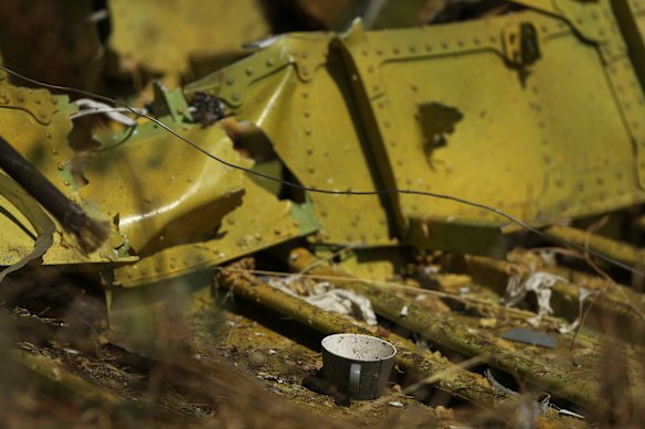 An inflight coffee cup sits undamaged amongst the debris of the rear fuselage at the MH17 crash site in the fields outside the village of Grabovka in the self proclaimed Donetsk Republic, Ukraine. 2nd August, 2014. Photo: Kate Geraghty
