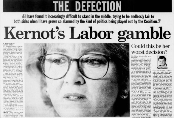 "Kernot's Labor gamble": The front page of the Sydney Morning Herald on October 16, 1997.