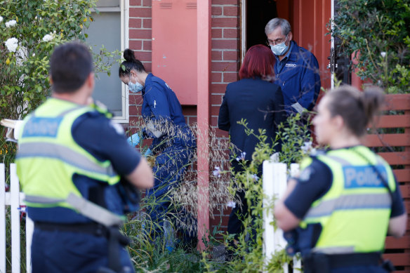 Police at Sarah Gatt’s home after her body was discovered in January 2018.