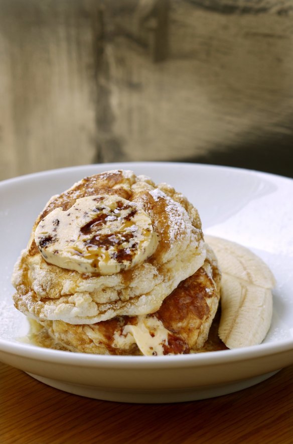 Bill Granger's ricotta hotcakes with honeycomb butter and banana.